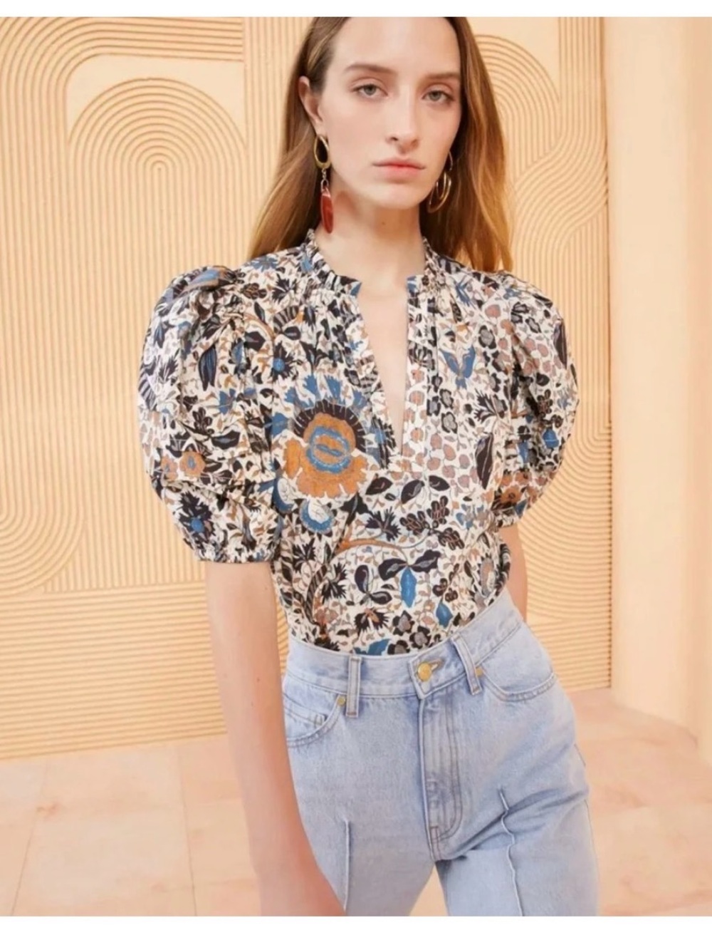 Ulla Johnson Floral Puff-Sleeve V-Neck Top in Blue, Tan, Black